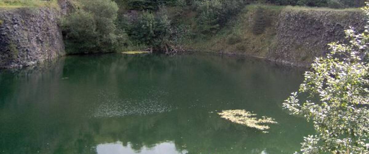 A calm lake surrounded by dense forest and rocky cliffs.