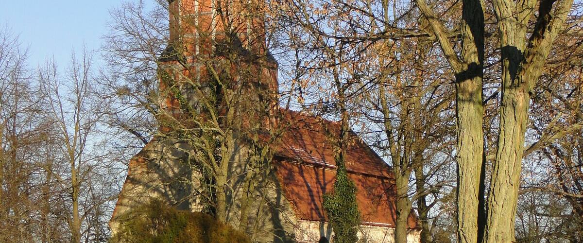 A church with a tall steeple and a brick tower, surrounded by trees and a snow-covered ground.