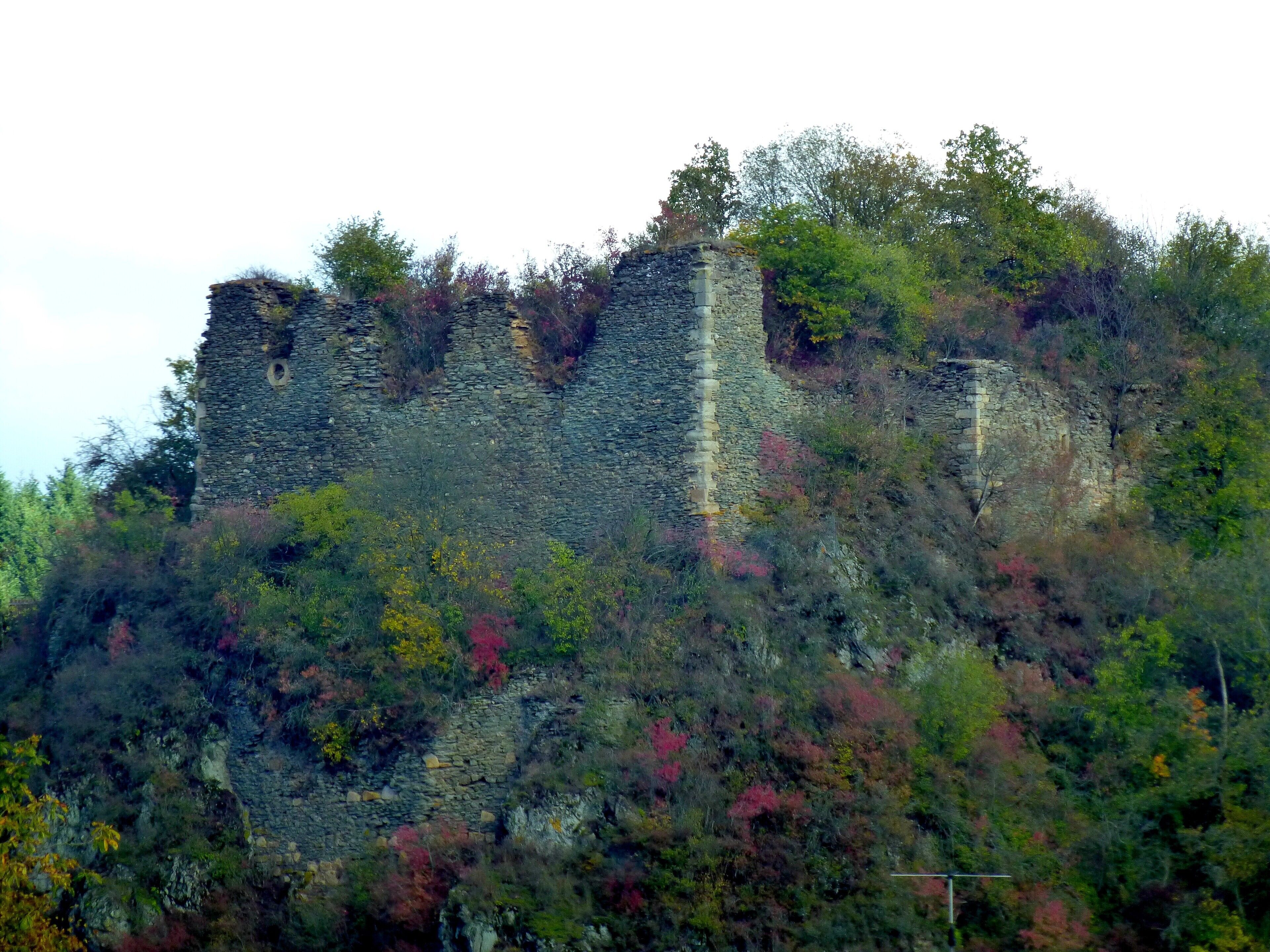 A stone castle ruins on a hillside with surrounding trees.