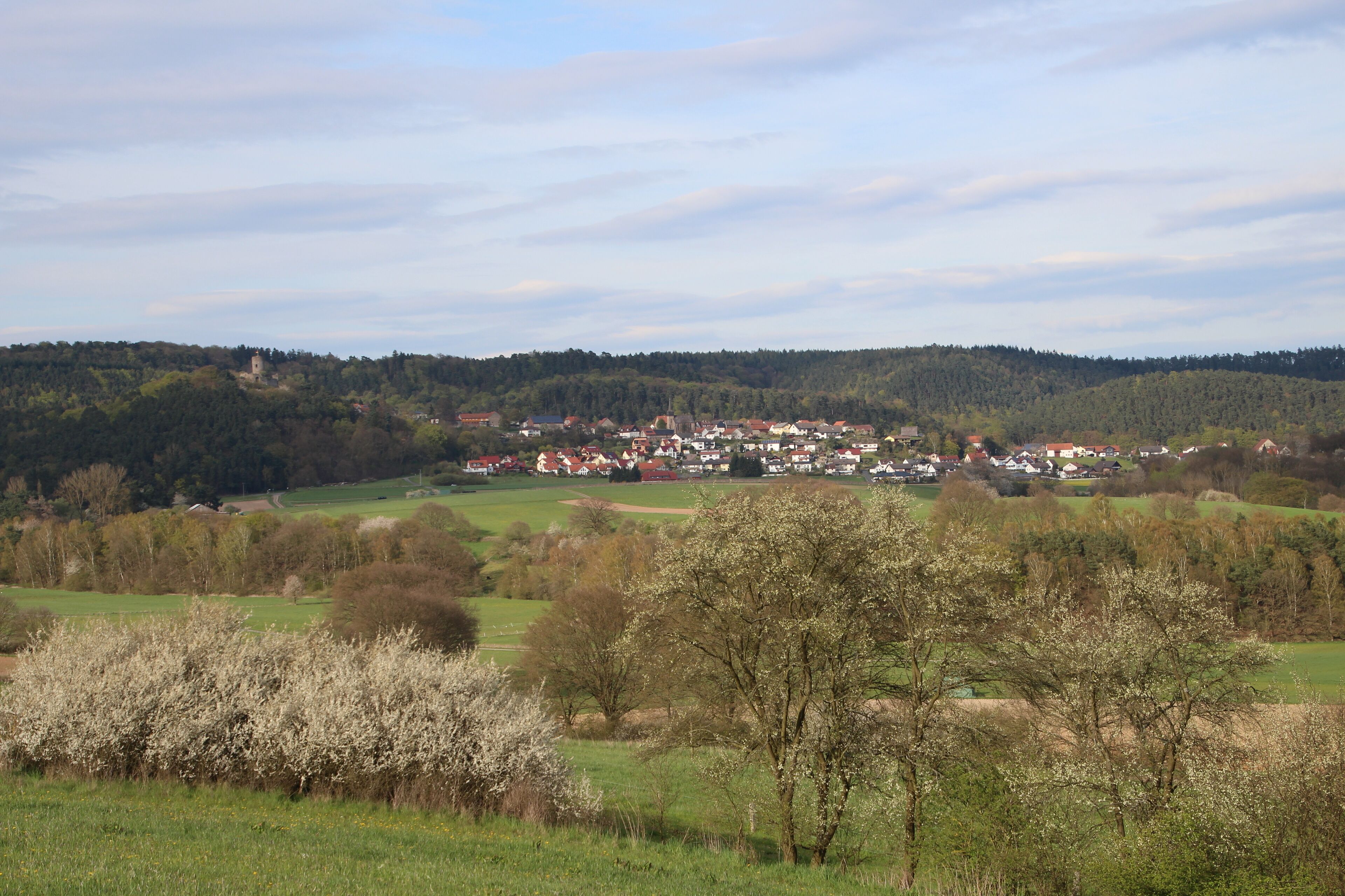 A village nestled in a valley with a prominent church tower, surrounded by rolling hills and blooming trees.