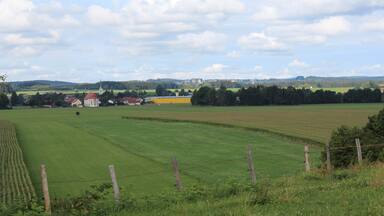 A rural landscape with fields, a church, and a village in the distance.