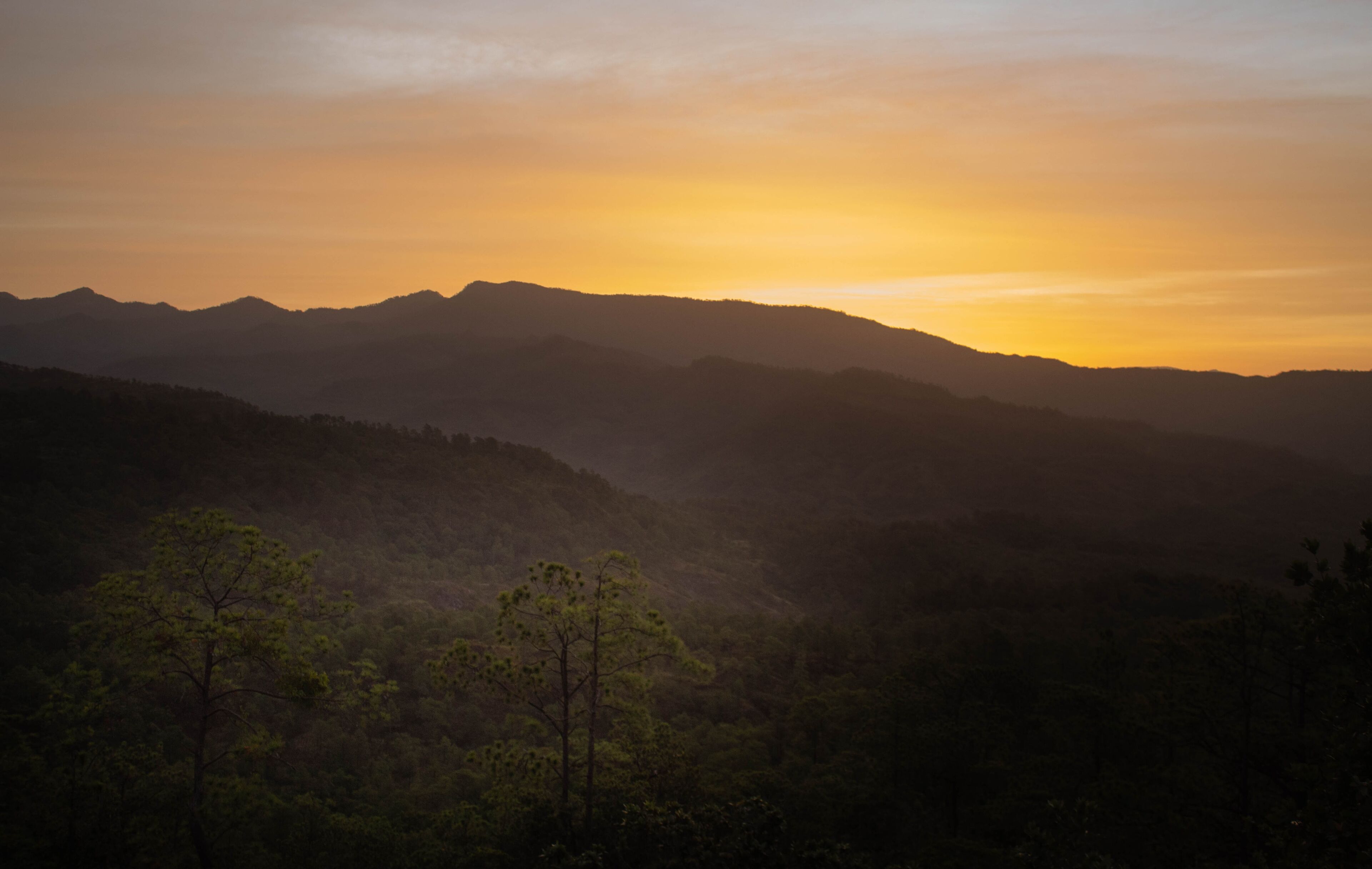 A mountainous landscape at sunset with silhouettes of trees and hills.