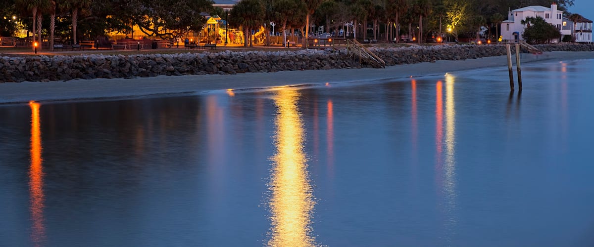 St Simons Island Lighthouse alongside Neptune Park at Twilight