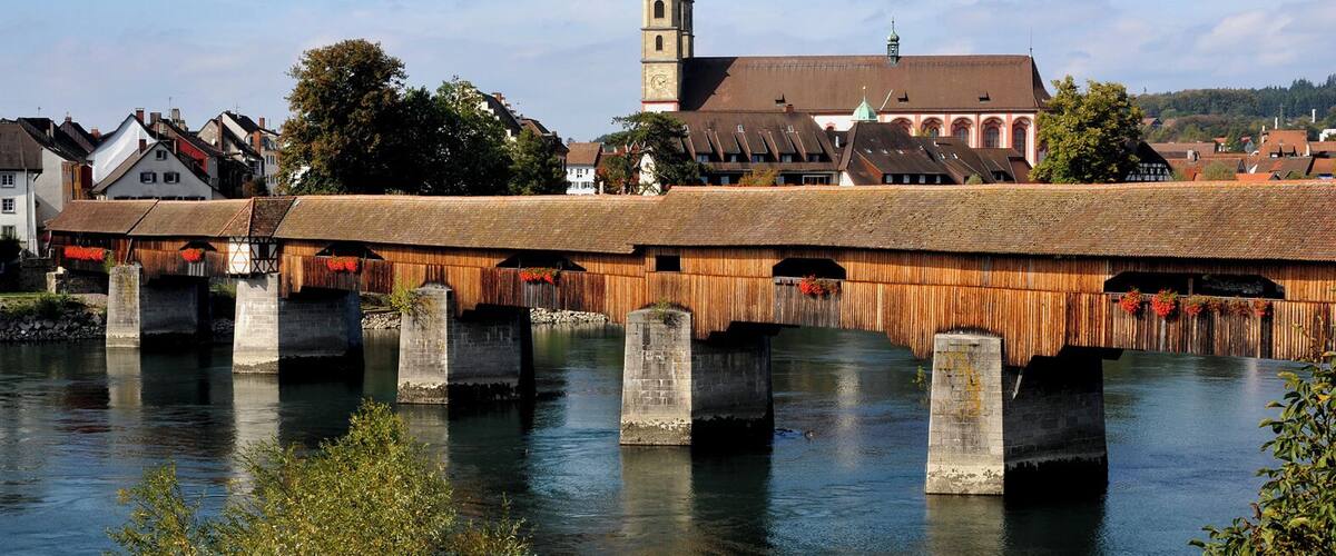 Covered wooden bridge between Stein and Bad SĂ€ckingen; Aargau, Switzerland and Baden-WĂŒrttemberg, Germany