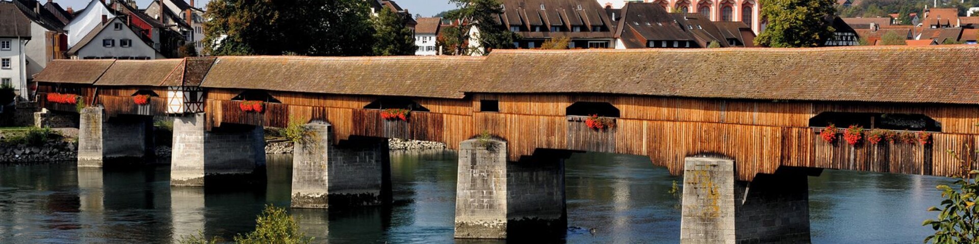 Covered wooden bridge between Stein and Bad Säckingen; Aargau, Switzerland and Baden-Württemberg, Germany