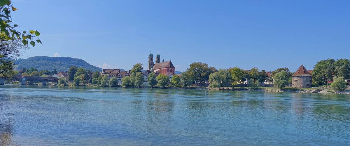 A river with a bridge, a church with two towers, and a castle-like structure.