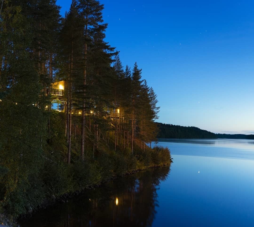 A cabin surrounded by tall trees and a calm lake at dusk.