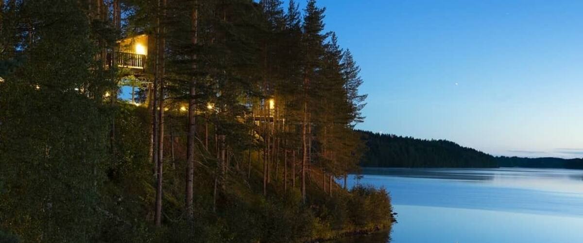A cabin surrounded by tall trees and a calm lake at dusk.