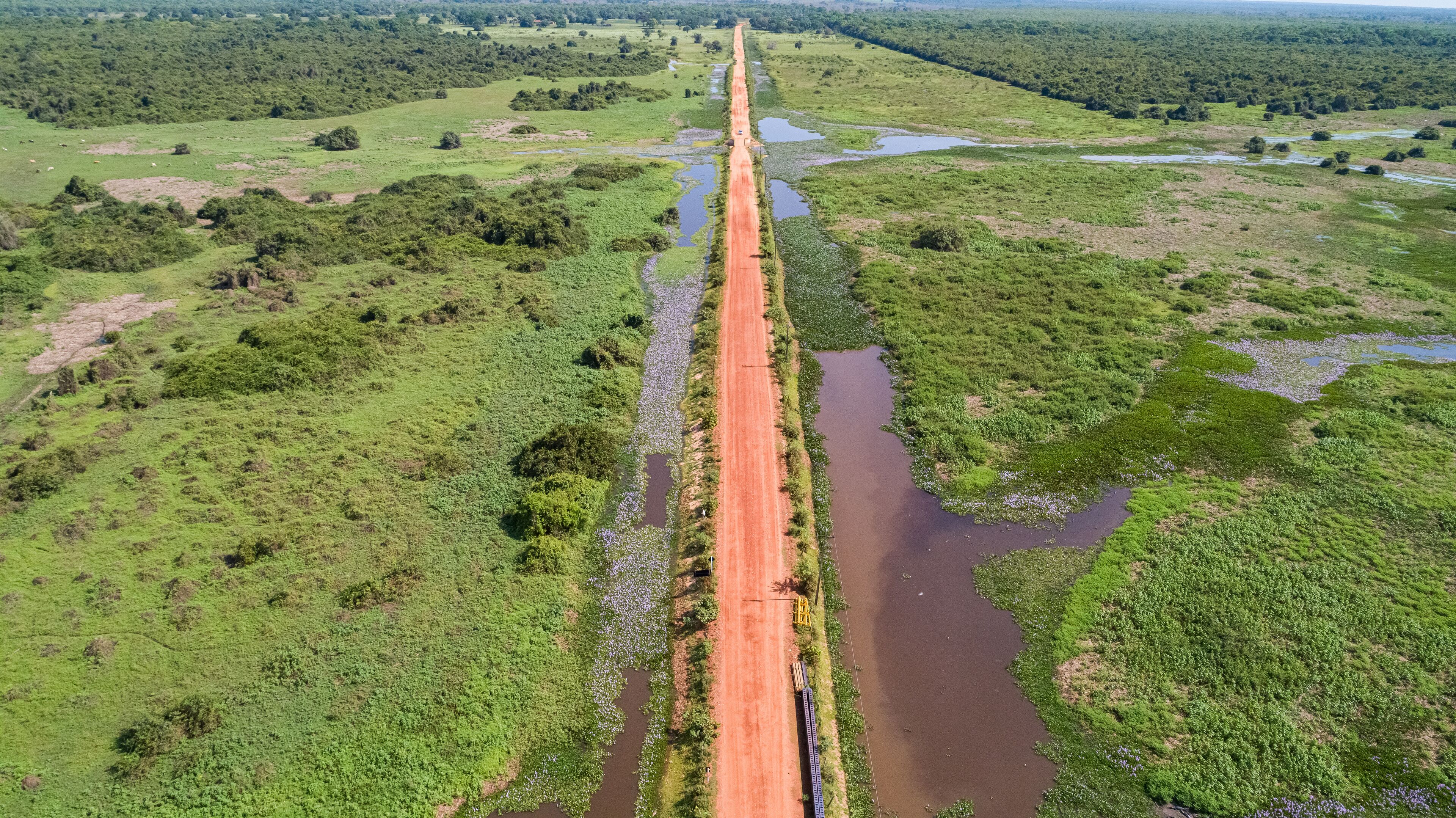 Aerial view of Transpantaneira dirt road crossing straight the typical landscape of North Pantanal Wetlands, Mato Grosso, Brazil