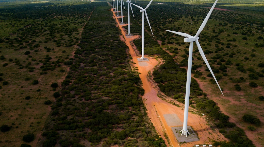 grande grupo de turbinas eólicas em parque eólico em serra do mel, rio grande do norte, brasil