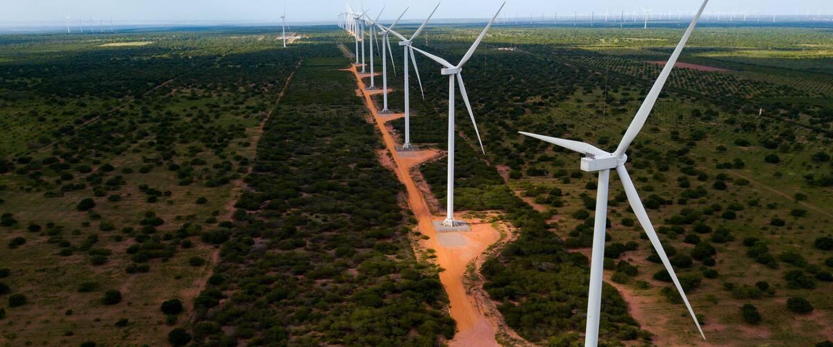 A wind farm with multiple wind turbines in a desert landscape.