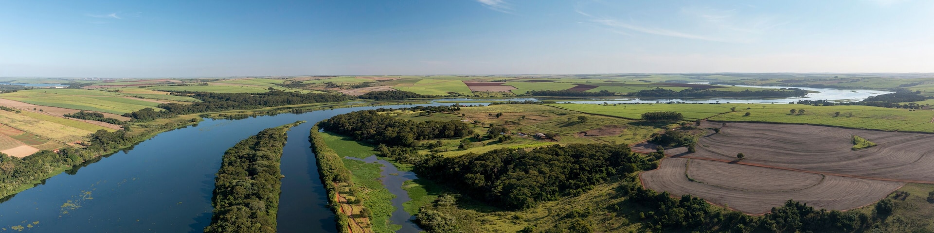 panoramic view of a stretch of the Tiete-Parana Waterway, in Bariri, Sao Paulo