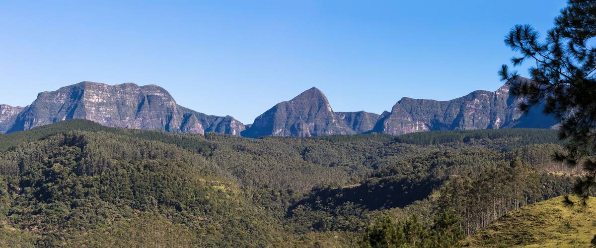 A mountainous landscape with dense forest and prominent peaks.