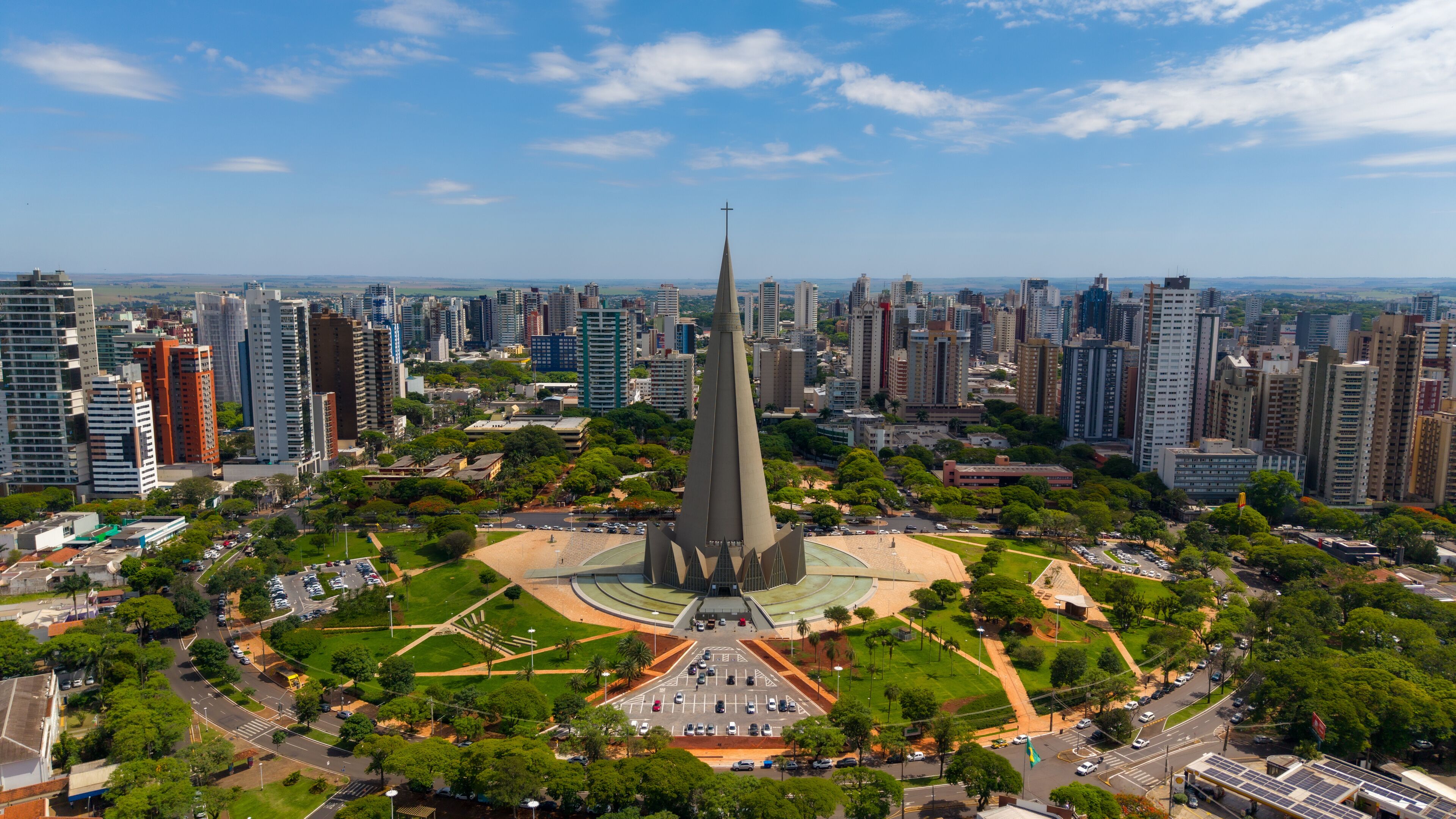 Aerial View of Maringa, Cathedral and downtown. Several buildings. Paraná, Brazil.