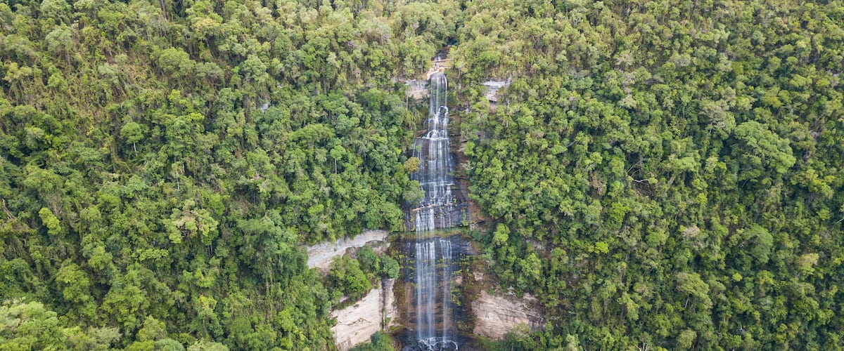 Salto São Sebastião - Prudentópolis - PR. Aerial view of a large waterfall in the midst of nature. Paraná - Brazil