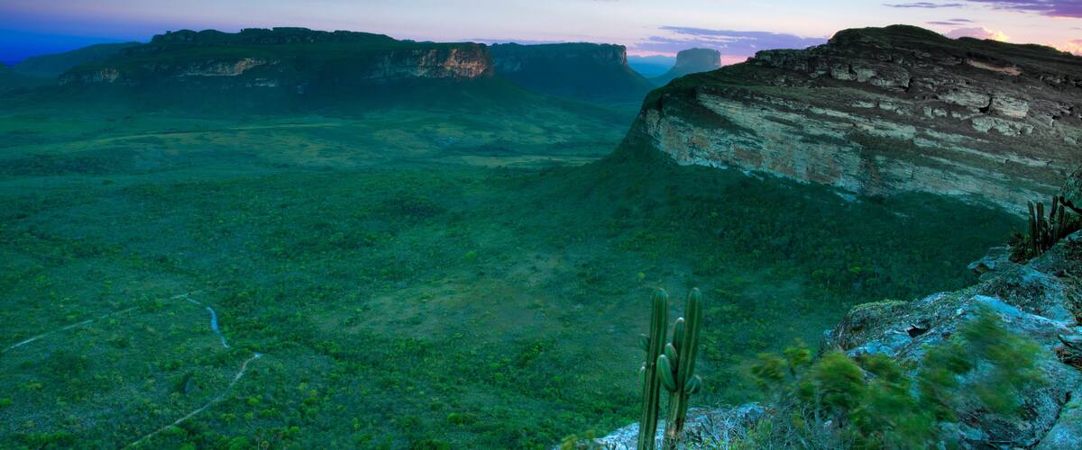 A vast canyon landscape with green vegetation and rocky cliffs under a twilight sky.