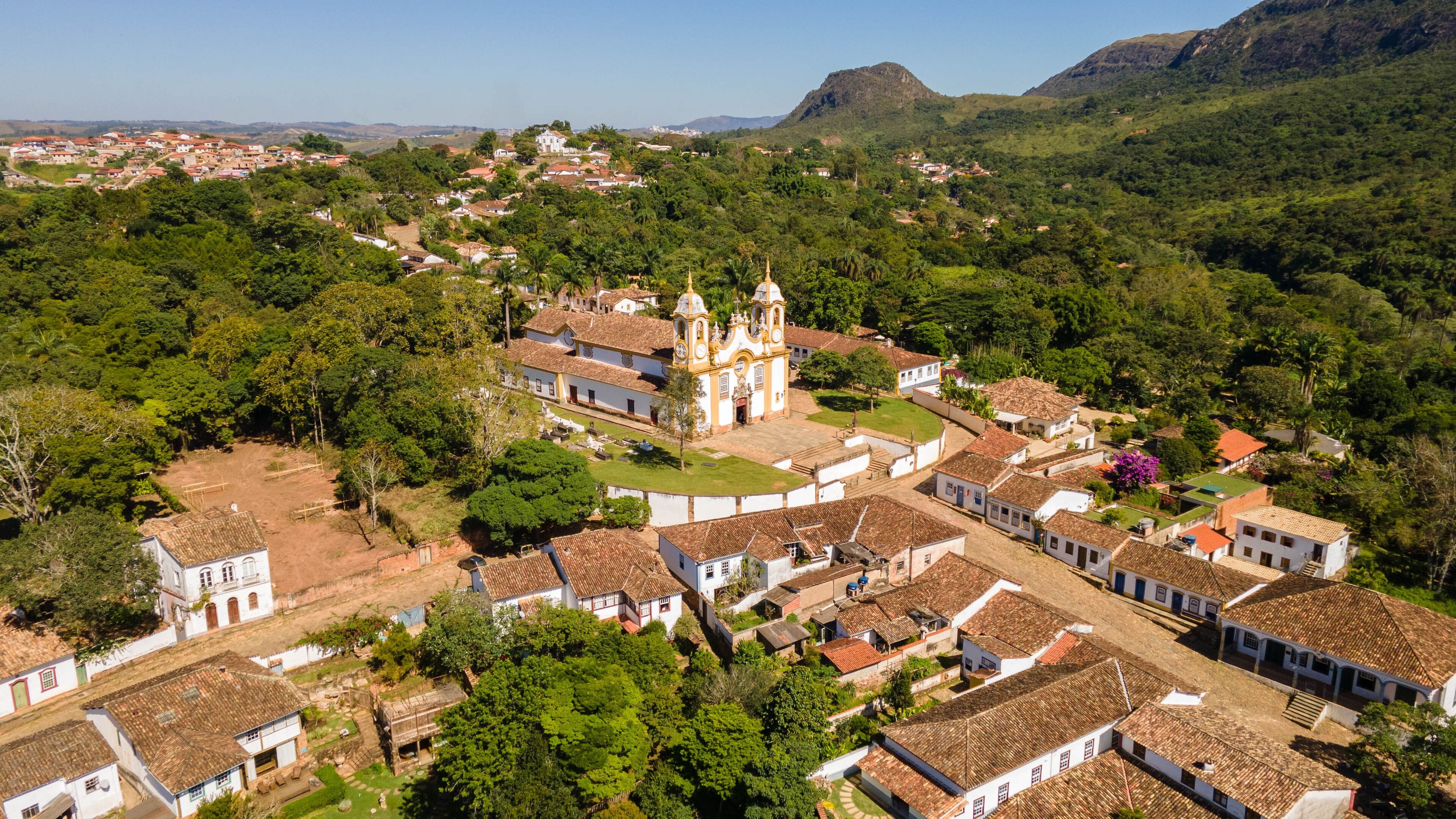Tiradentes Town in Brazil with Old Santo Antonio Church. Aerial View