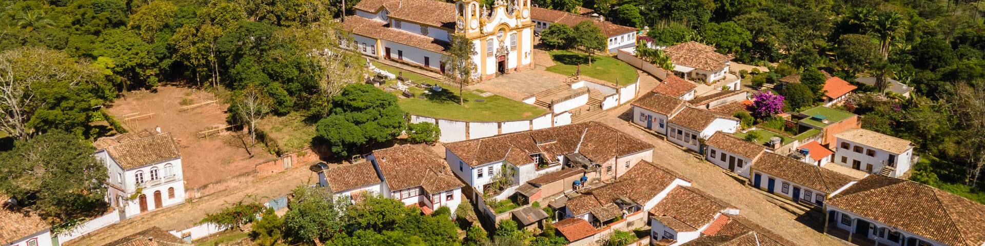 Tiradentes Town in Brazil with Old Santo Antonio Church. Aerial View