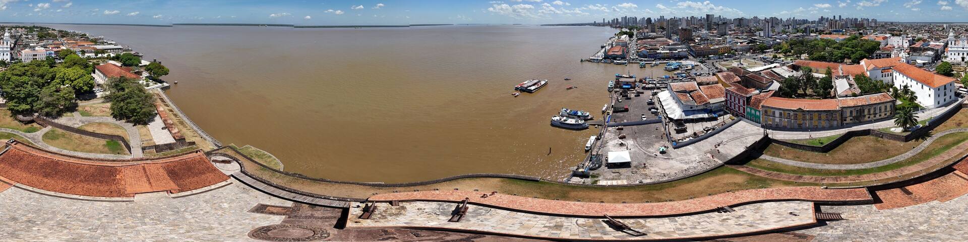 360 aerial photo taken with drone of Presépio Fort in Belém, Pará, Brazil