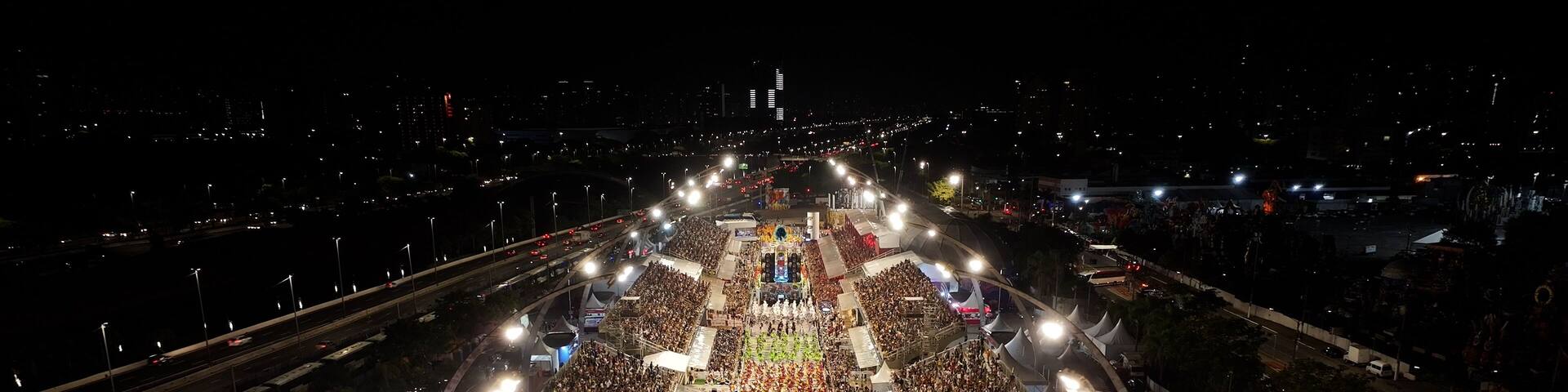Carnival Ride In Sao Paulo Brazil. Carnival Parade. Samba Schools Party. Sao Paulo Brazil. Anhembi Sambadrome. Carnival Ride In Sao Paulo Brazil. Amazing Carnival Rides Aerial View.