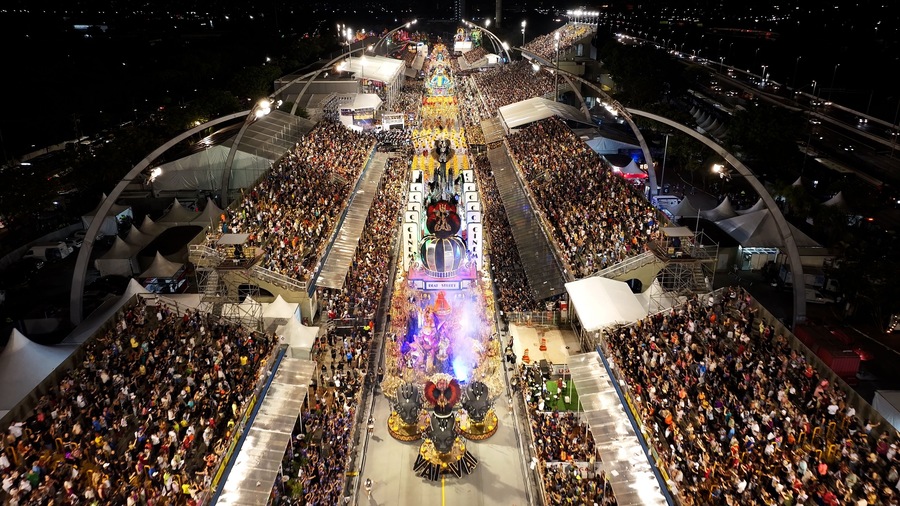 Carnival Parade In Sao Paulo Brazil. Carnival Parade. Samba Schools Party. Sao Paulo Brazil. Anhembi Sambadrome. Carnival Parade In Sao Paulo Brazil. Amazing Aerial View.