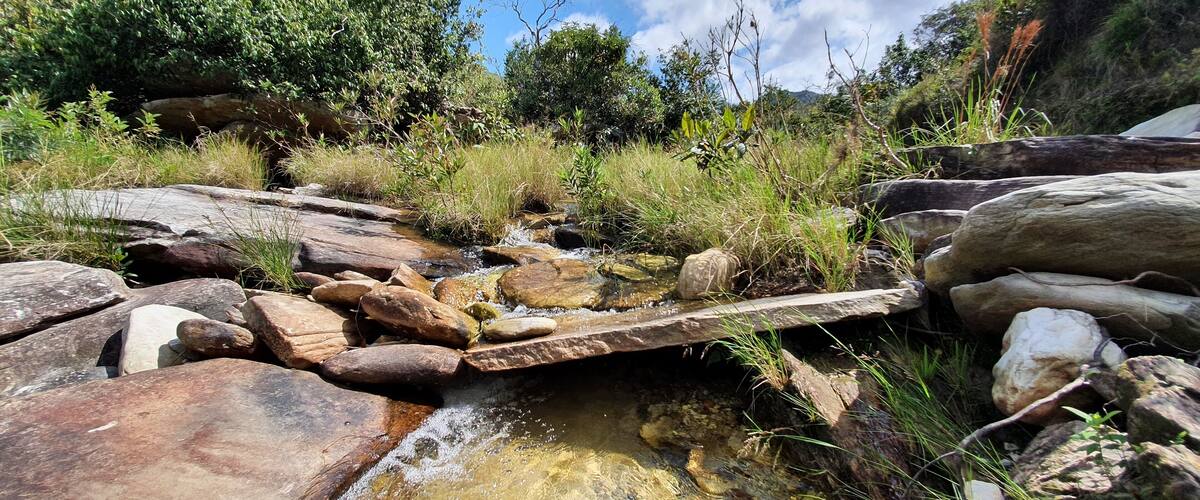 A rocky stream with a wooden bridge.