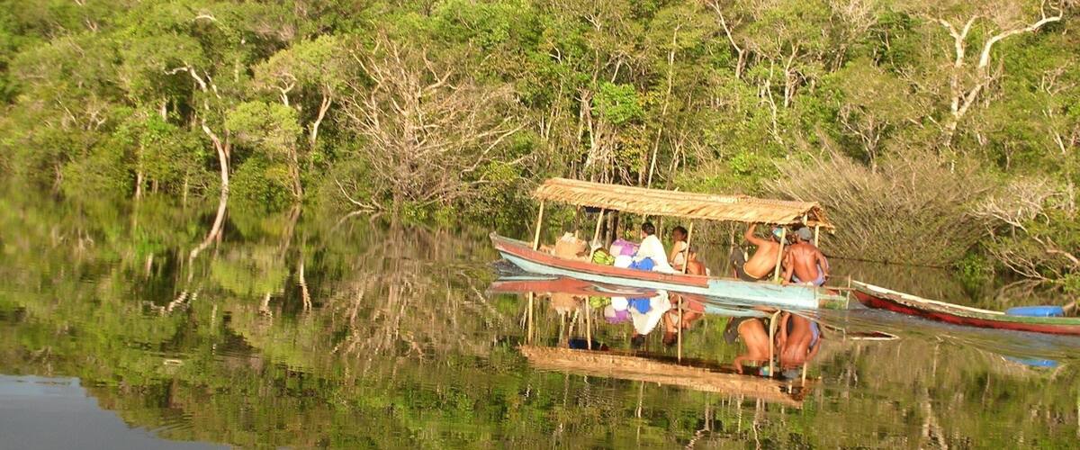 A boat on a calm river surrounded by dense green foliage.