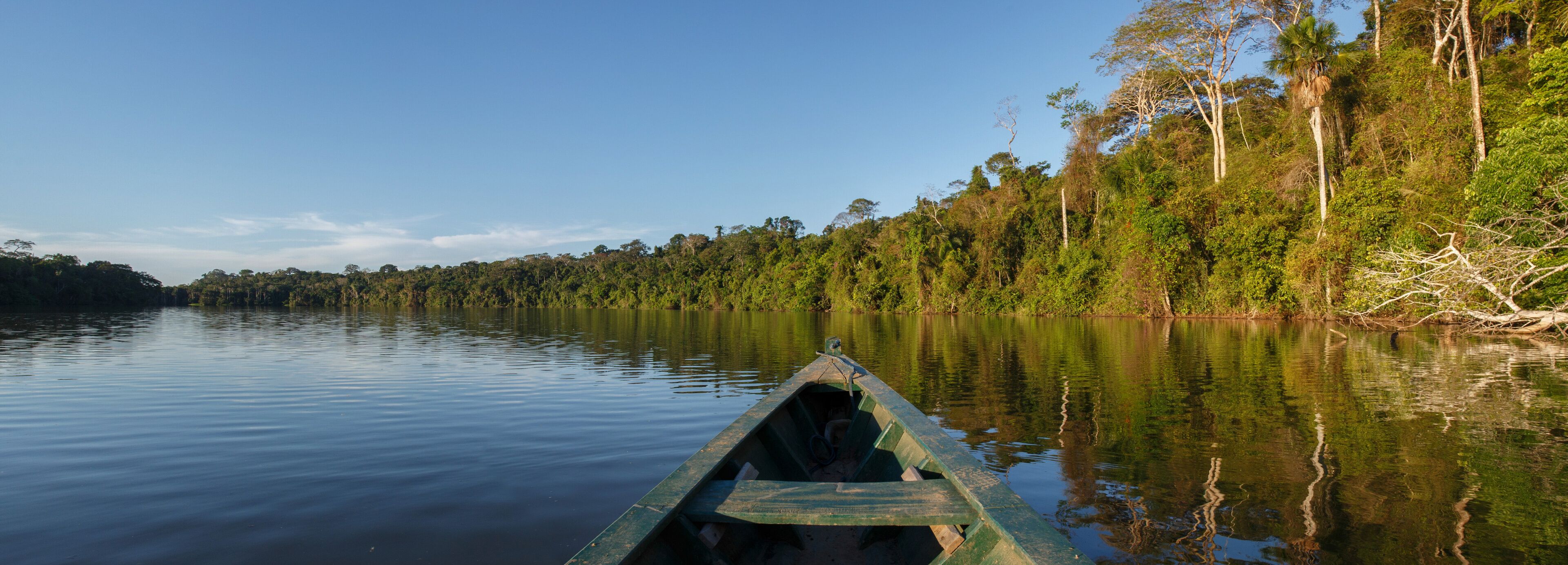 A canoe on calm water with a forested shoreline.