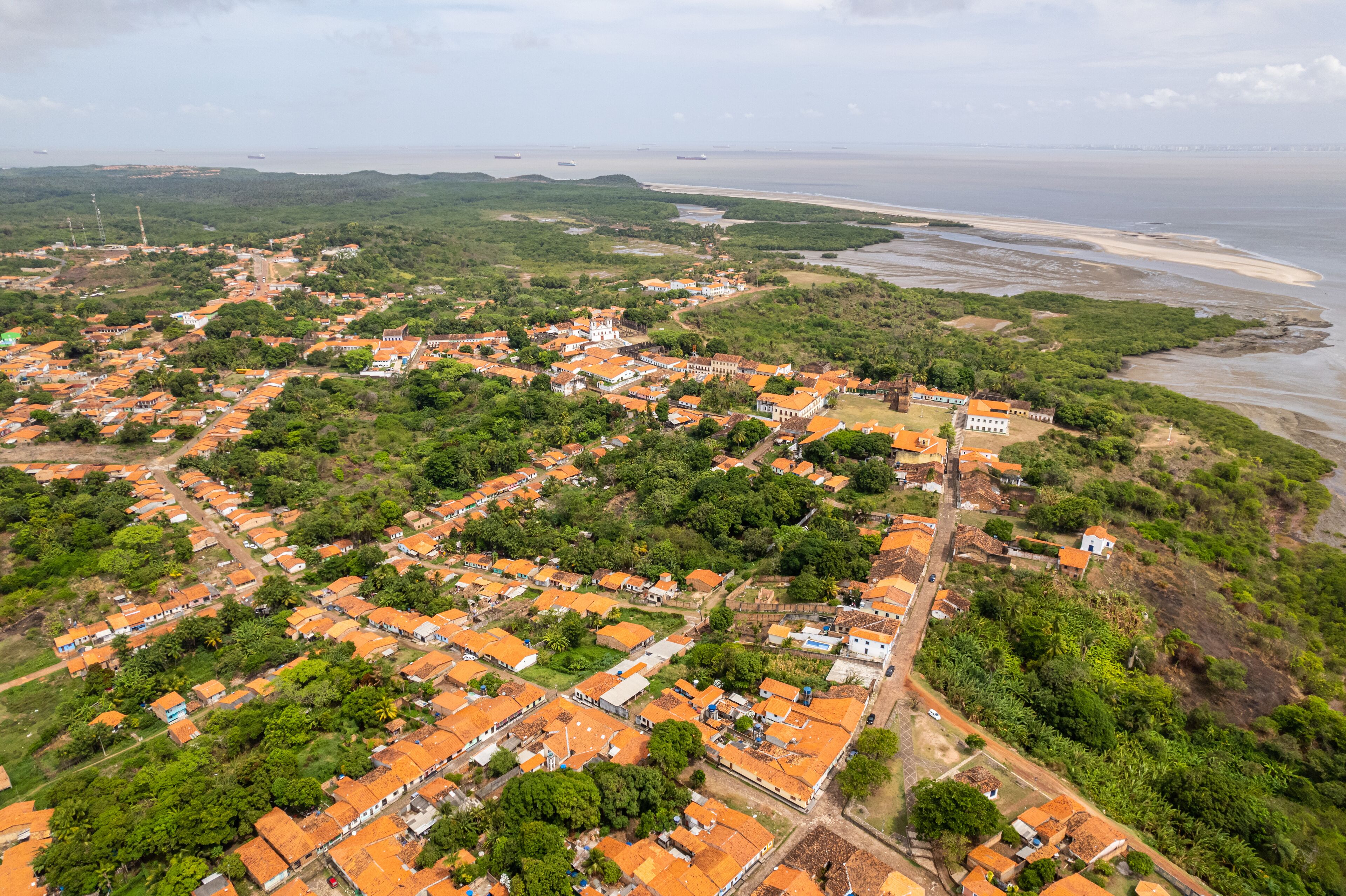 An aerial view of a coastal town with orange-roofed houses, green hills, and a beach.