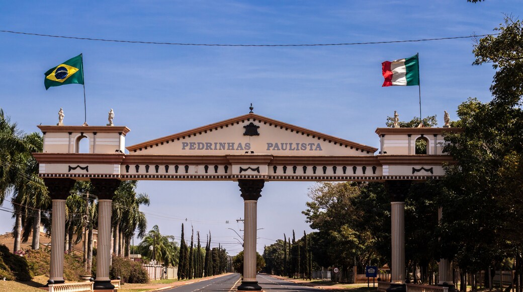 Entrance Portal of Pedrinhas Paulista, Brazil. Flags of Brazil and Italy symbolize the city is Italian heritage.