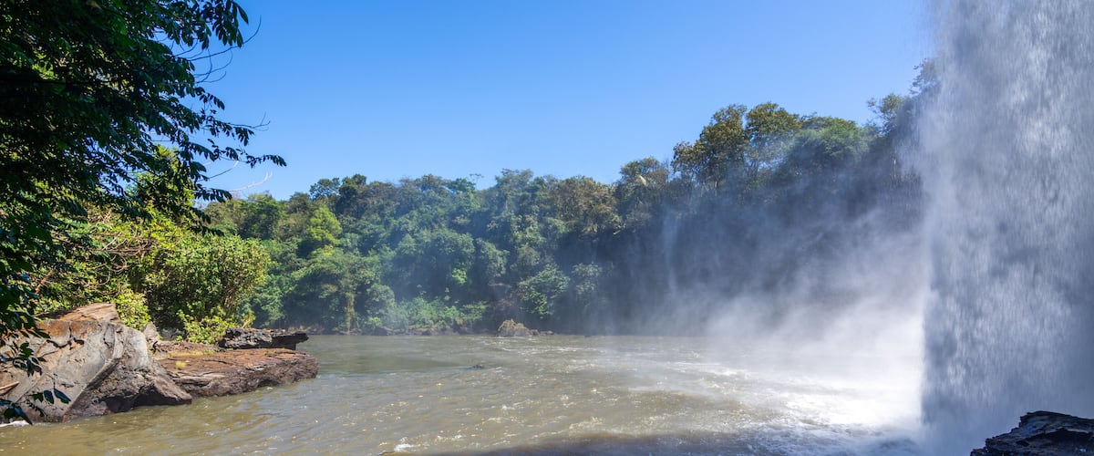 A waterfall cascading into a river surrounded by dense forest.
