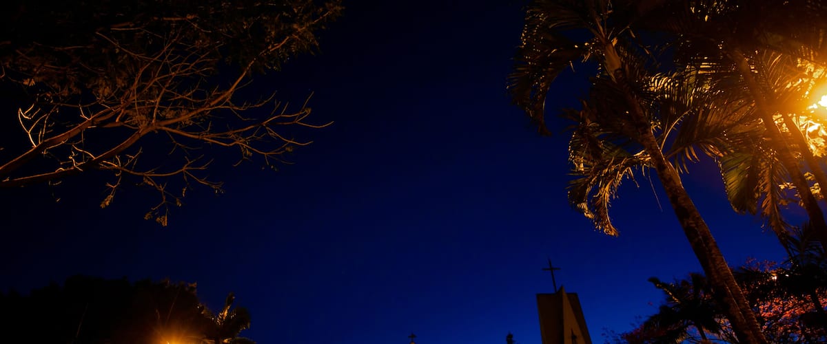 A church at night with a lit entrance and palm trees around.