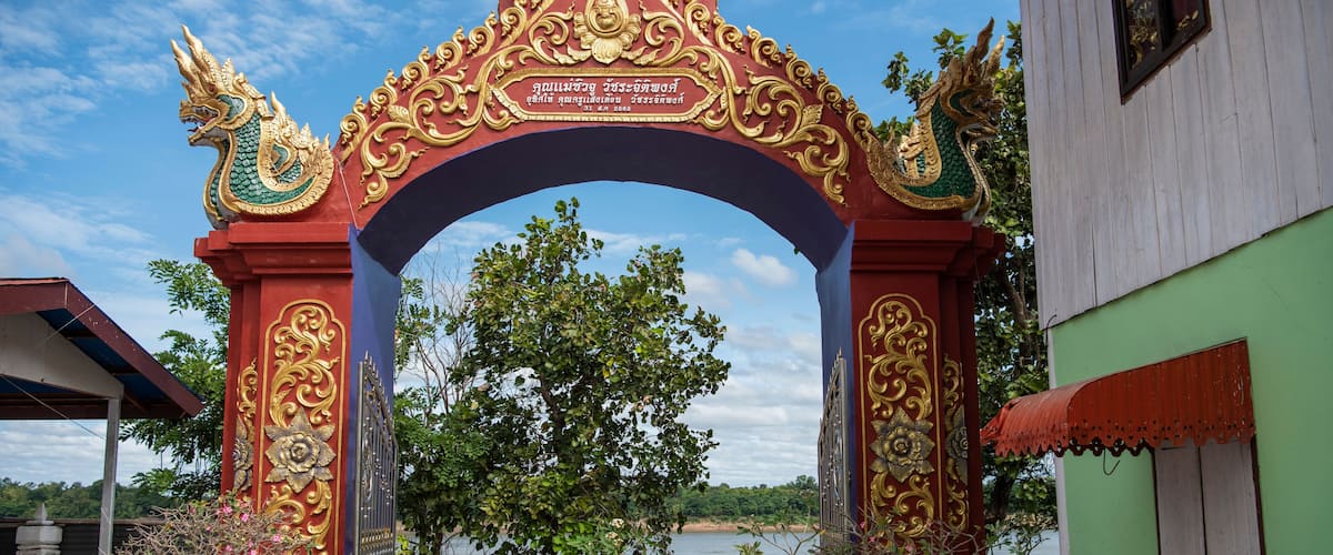An ornate entrance with golden dragon sculptures, a large tree, and a body of water in the background.