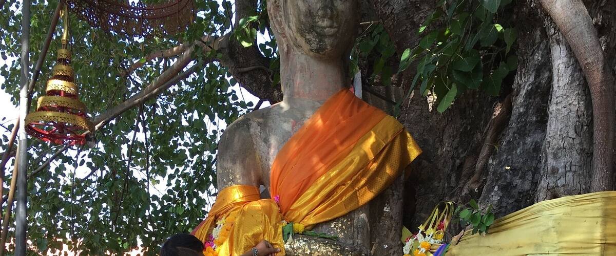 A large Buddha statue adorned with orange cloth and flowers, surrounded by trees and various decorative items.