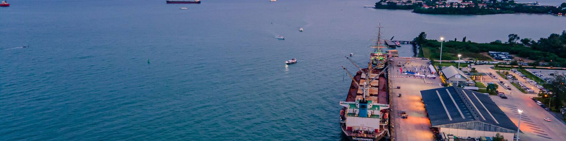 Deep sea port view, Phuket, Ao Makham, cruise ships, cargo ships can park. Wichit, Mueang Phuket, Phuket 83000 Thailand.