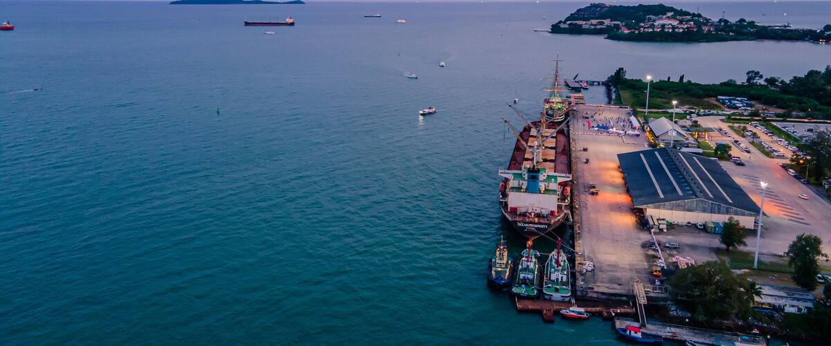 A large cargo ship docked at a port with several smaller boats nearby.