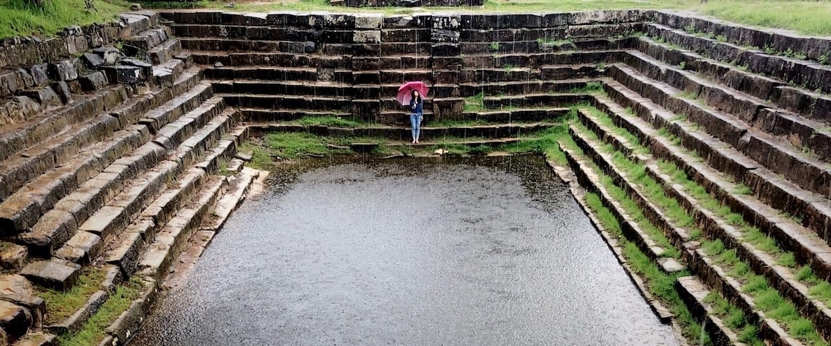 The ancient pool at Preah Vihear Temple. Back in the day it was used as a place to bathe before spiritual ceremonies and the water is still considered holy. You will see from time to time locals coming by to rinse their faces with this water for good luck. Or some would even bottled it for drinking.
