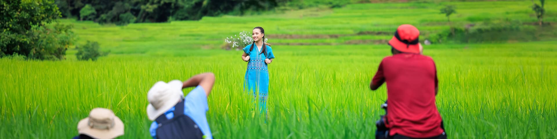 Photographers taking pictures model at rice terrace Ban Pa Bon Piang, Chiang Mai Thailand,