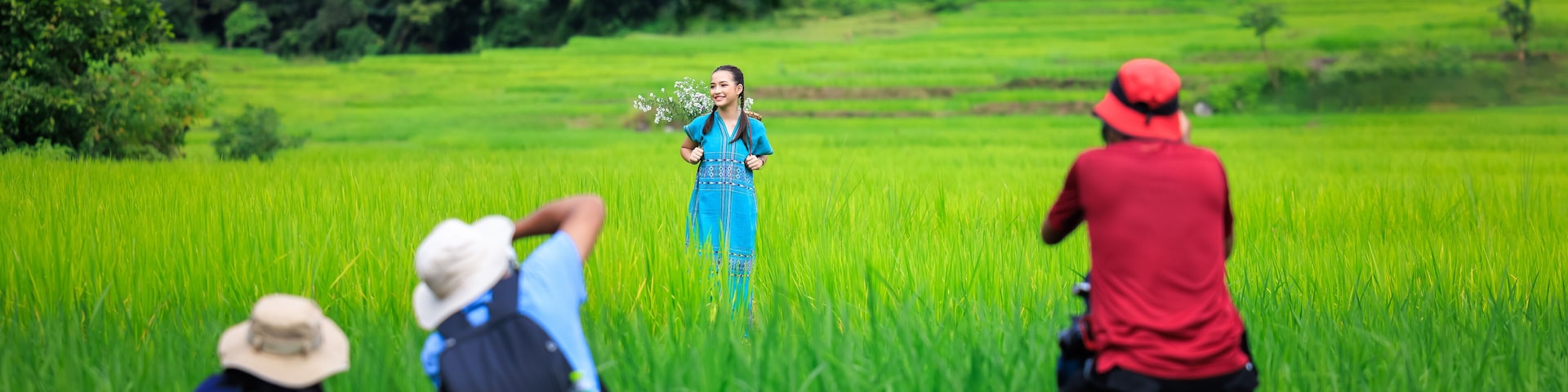 Photographers taking pictures model at rice terrace Ban Pa Bon Piang, Chiang Mai Thailand,