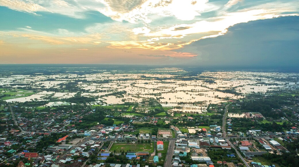 Aerial photo of small town and flood, Kasetwisai town, Roiet city Thailand
