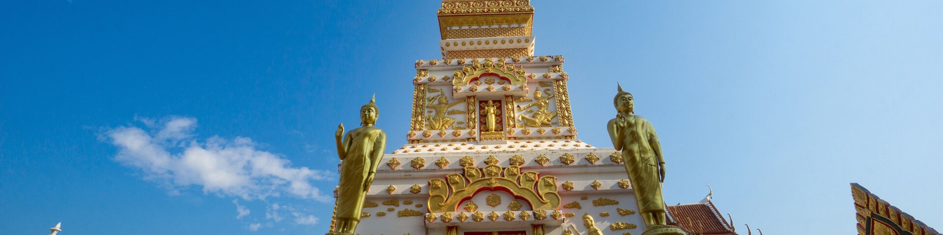 Nakhon Panom, Thailand - February 12, 2020: Landscape of the Pagoda of Wat Phrathat Si Khun located in Na Kae District