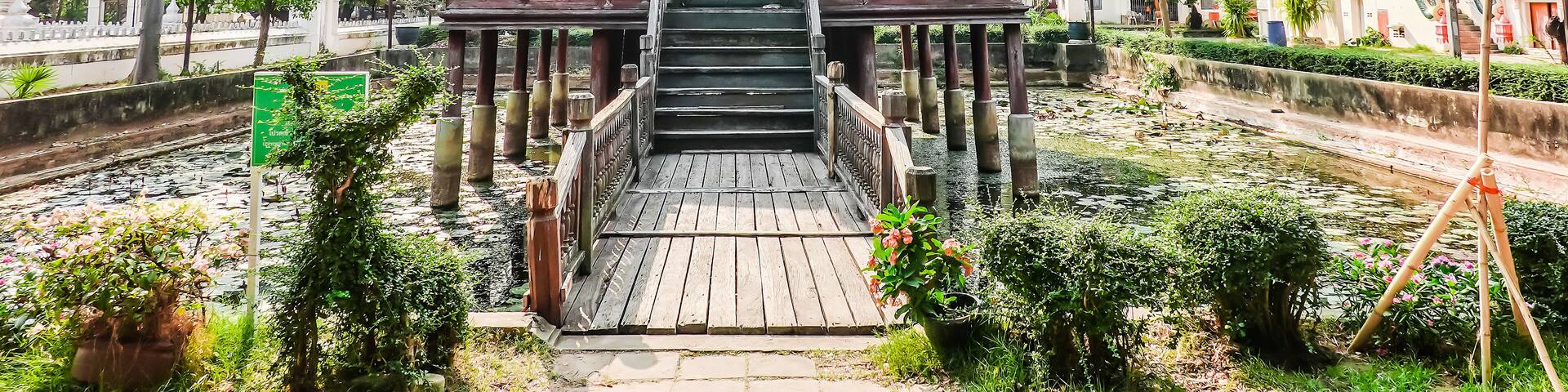 Ancient wooden monastery and The library on stilts in Wat Thung Si Muang temple in Ubon Ratchathani in Isan, north eastern Thailand..