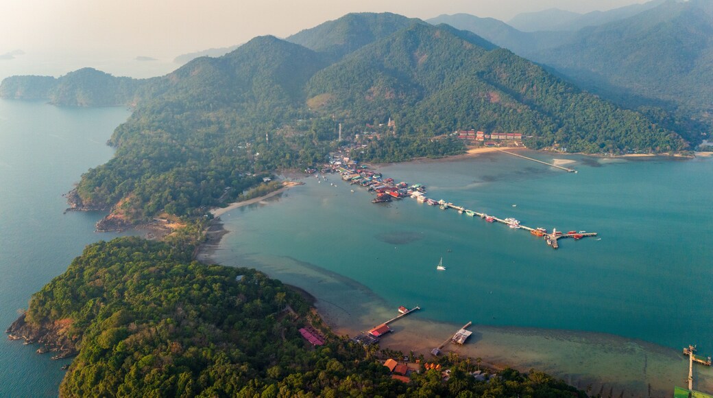 Drone Aerial landscape of Thai's blue lagoon beach gulf in Ko Chang, travel pristine destination in southeast asia