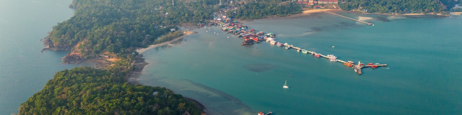 Drone Aerial landscape of Thai's blue lagoon beach gulf in Ko Chang, travel pristine destination in southeast asia