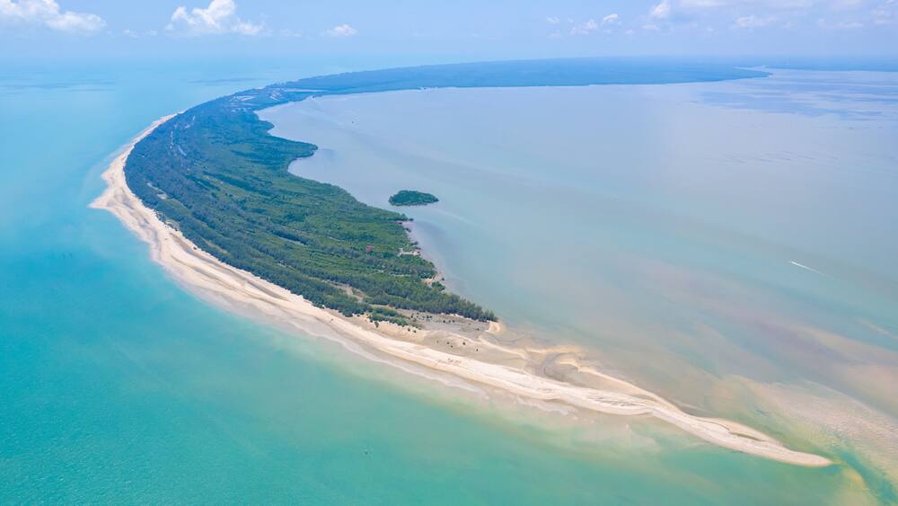 Aerail view sandy beach turquoise water Cape Talumphuk or Laem Talumphuk in Pak Phanang, Nakhon Si Thammarat, Thailand Asia