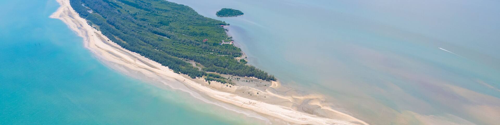 Aerail view sandy beach turquoise water Cape Talumphuk or Laem Talumphuk in Pak Phanang, Nakhon Si Thammarat, Thailand Asia