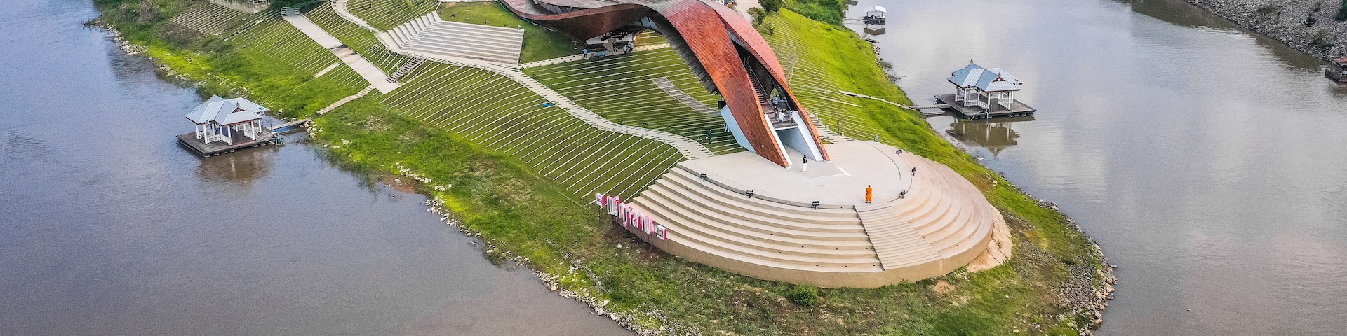 Aerial view of Pa San bridge (or Pasan bridge) on the Chao Phraya River in Nakhon Sawan, Thailand