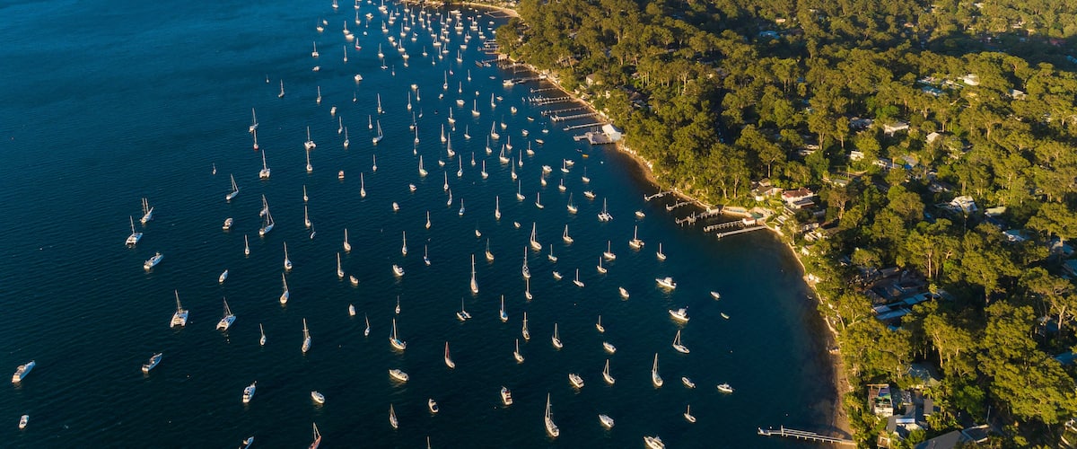 An aerial view of a coastal area with numerous sailboats anchored in the water, surrounded by dense green forests and a clear blue sky.