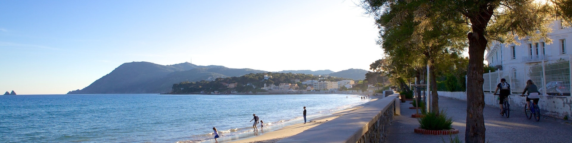 Provenza que incluye una playa, una localidad costera y escenas cotidianas