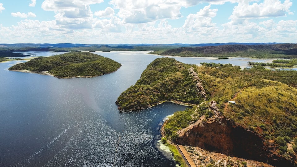 Aerial view of the forest around the lake Moondarra, Moondarra Reservoir, near Mount Isa, Queensland, Australia